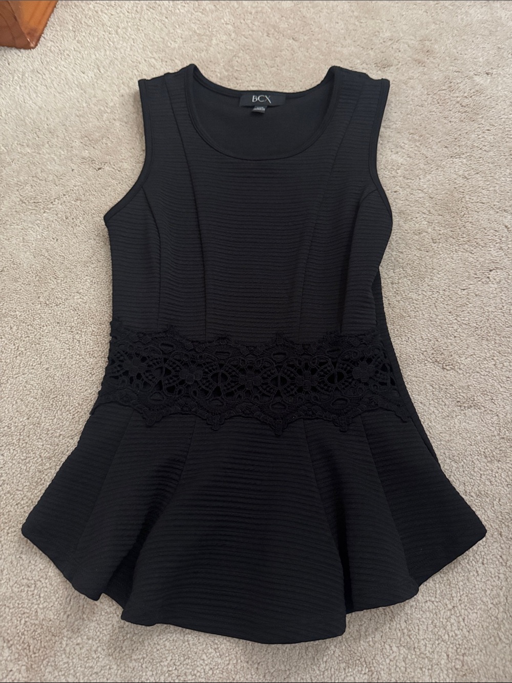 BCX Black Sleeveless Peplum Tank with Lace Waistband